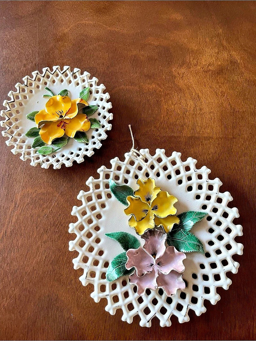 Vintage Ceramic Floral Pansy Lattice Wall Plaques Set of 2 MCM